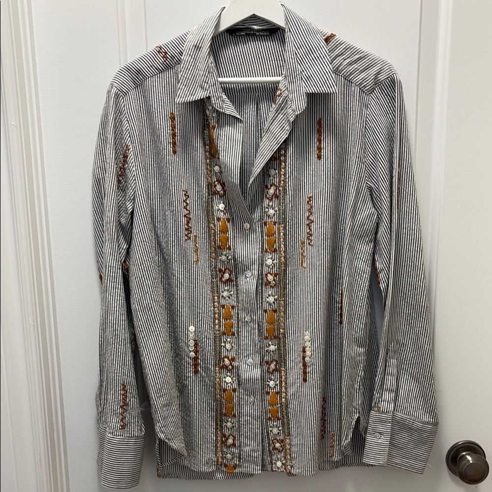 Zara Striped Button-Up Shirt with Embroidered Accents